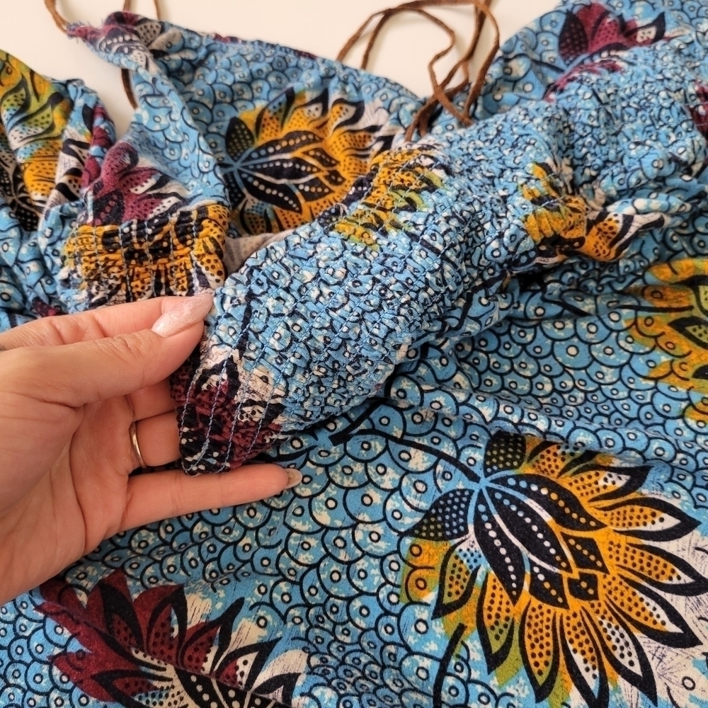 Rare Free People Lotus Print Blue Dress Large Floral Beach Boho Strappy Light - Picture 14 of 14